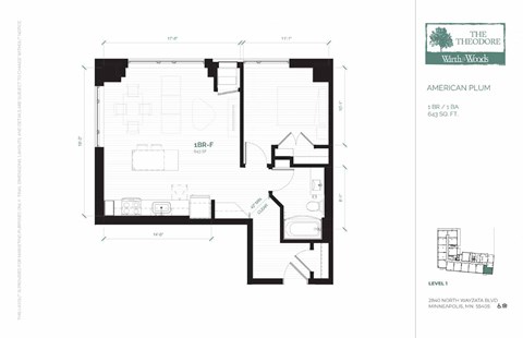 Floor plan for 1 bed, 1 bath, 643 sqft
